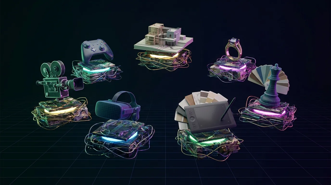 A graphic shows various digital objects on illuminated platforms, representing creative arts.
