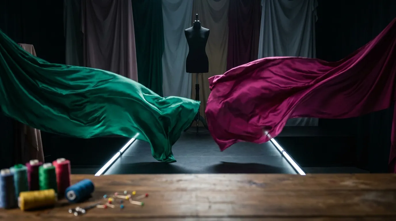 A dressmaker’s workspace with fabrics and a mannequin, showcasing creative arts training.