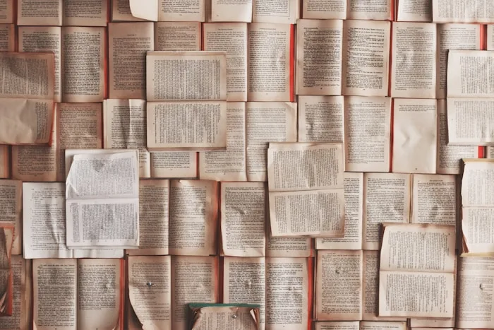 An art installation of open books creates a textured wall, showcasing creative writing.