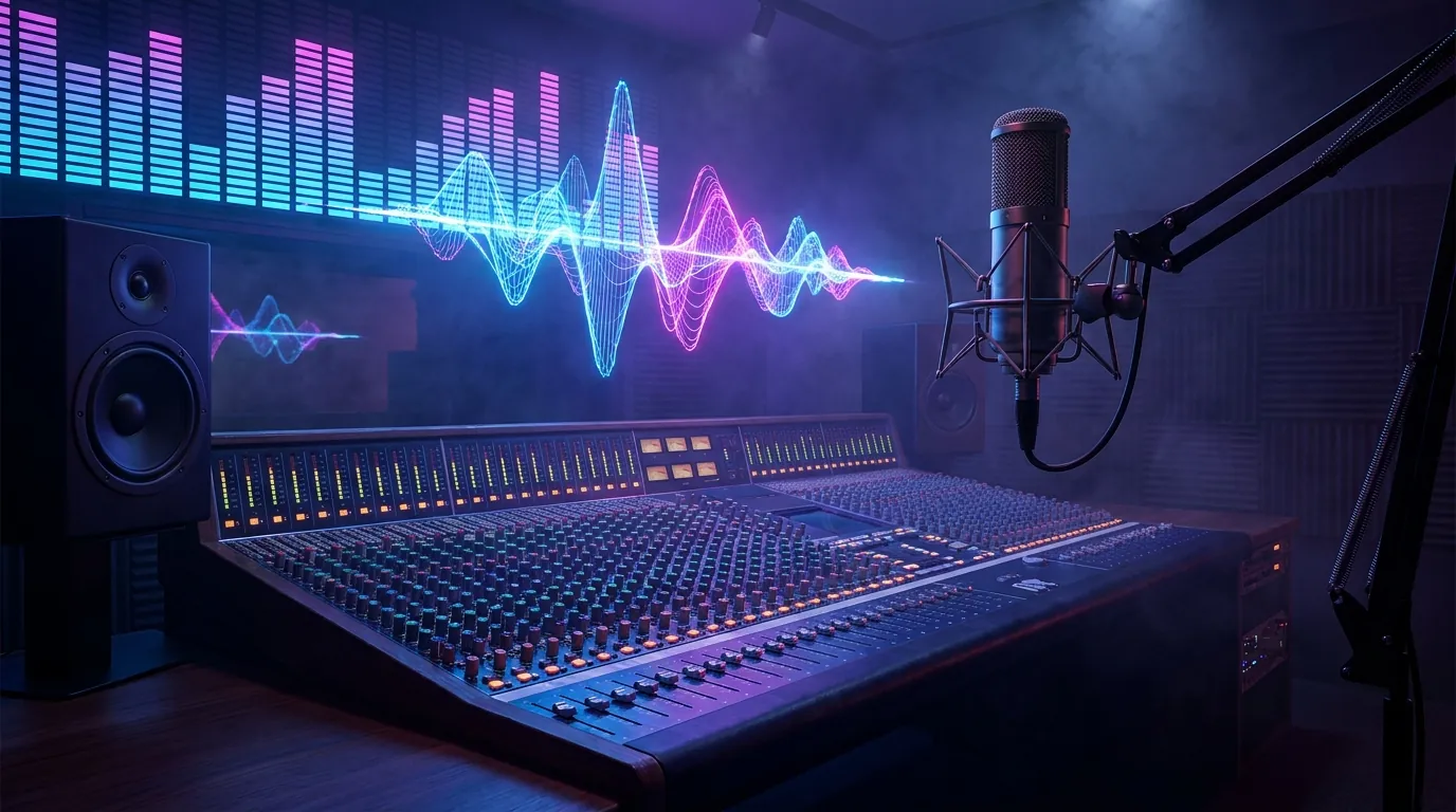 A professional recording studio with a mixing console and audio visualization for creative arts training.