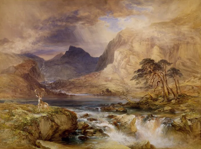 A watercolor landscape shows deer in the Scottish Highlands, showcasing our visual arts services.