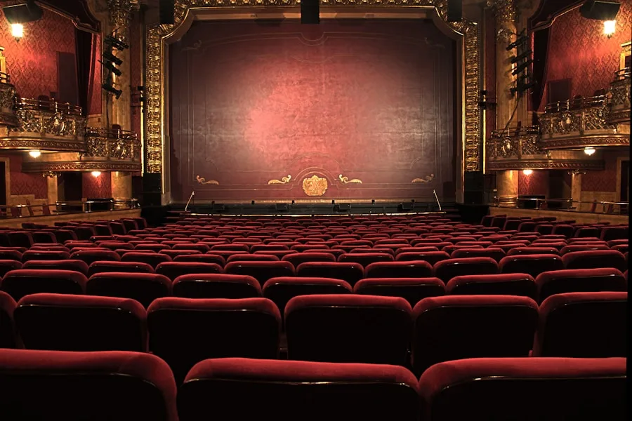 An ornate theater with red velvet seats and a stage showcases performing arts training.
