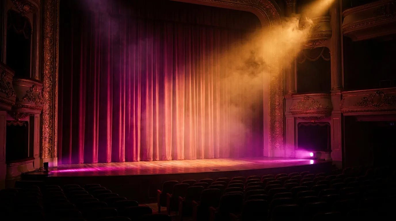 A glowing theater stage is set for a performing arts performance with vibrant pink and orange lighting.